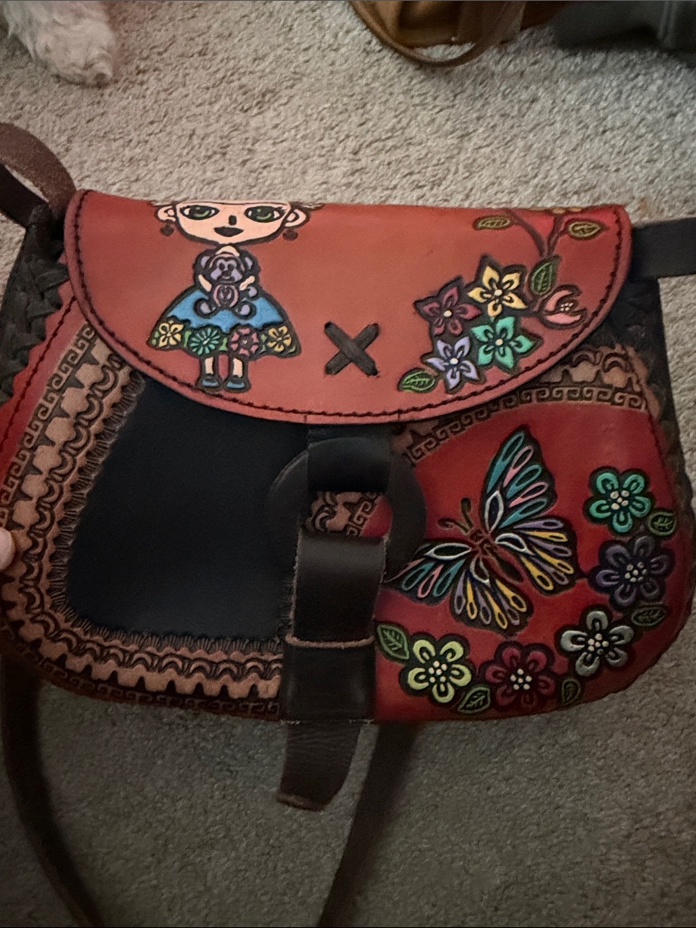 Hand-Painted Floral & Butterfly Leather Crossbody Bag in Red